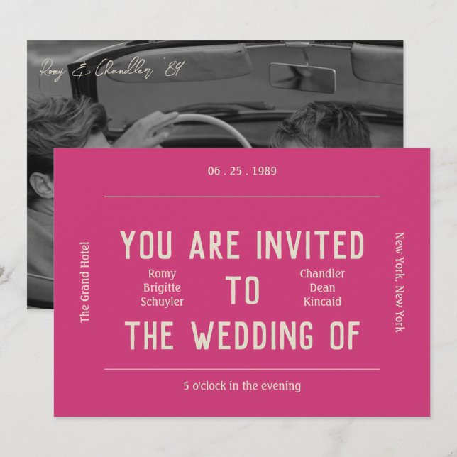 Invitación Boda rosa y crema retro vibrante (Anverso / Reverso)