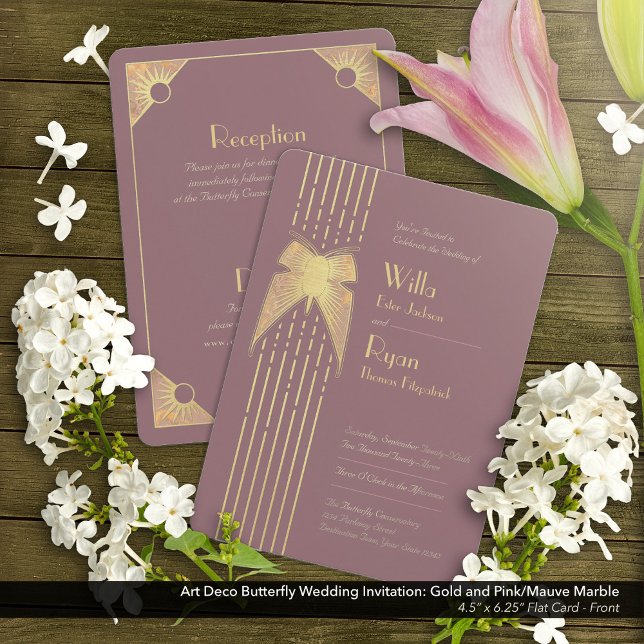 Invitación Boda rosa y dorado de mariposa Art Deco (Art Deco Butterfly Pink and Gold Wedding Invitation - Front)
