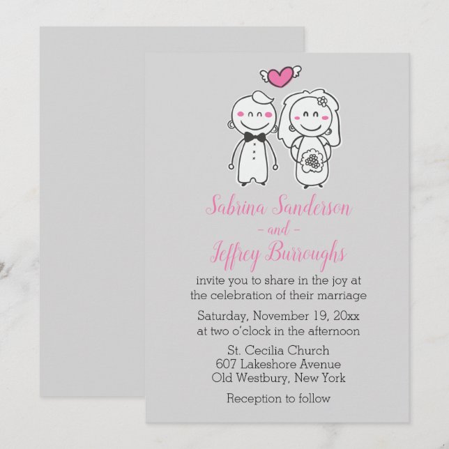 Invitación Boda Rosa Y Gris Personalizado Novia Y Groom (Anverso / Reverso)