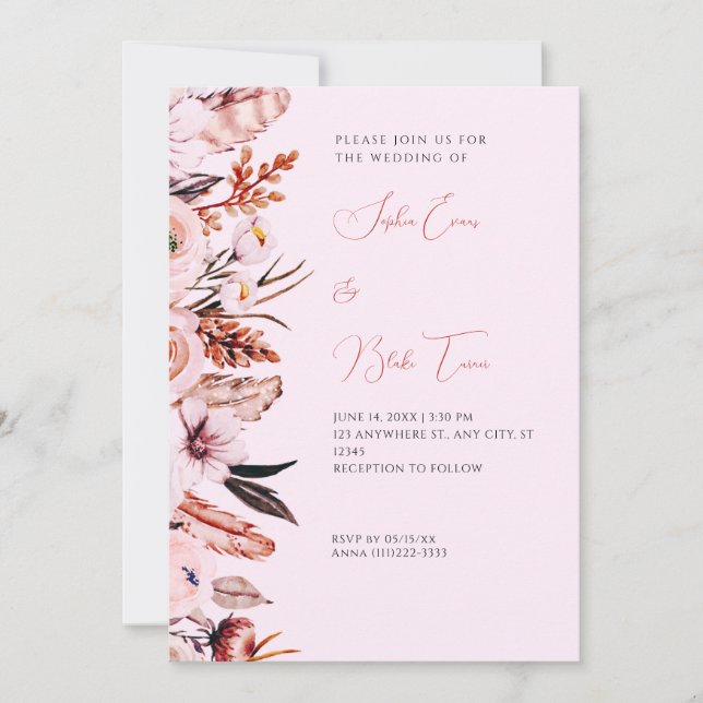 Invitación Boda rosa y marrón de Boho (Anverso)