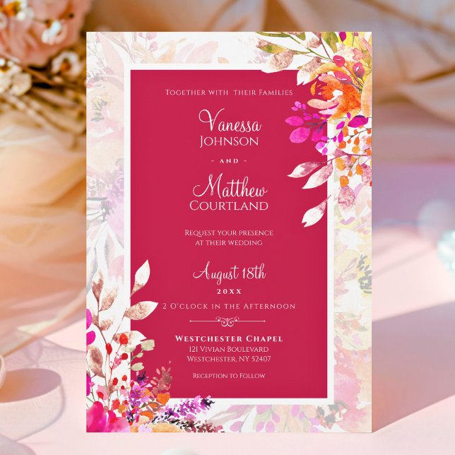 Invitación Boda rosa y Naranja elegante con flores acuáticas (Pink and Orange Elegant Watercolor Floral Wedding Invitation)
