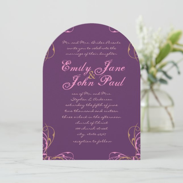 Invitación Boda rosa y púrpura  (Anverso de pie)