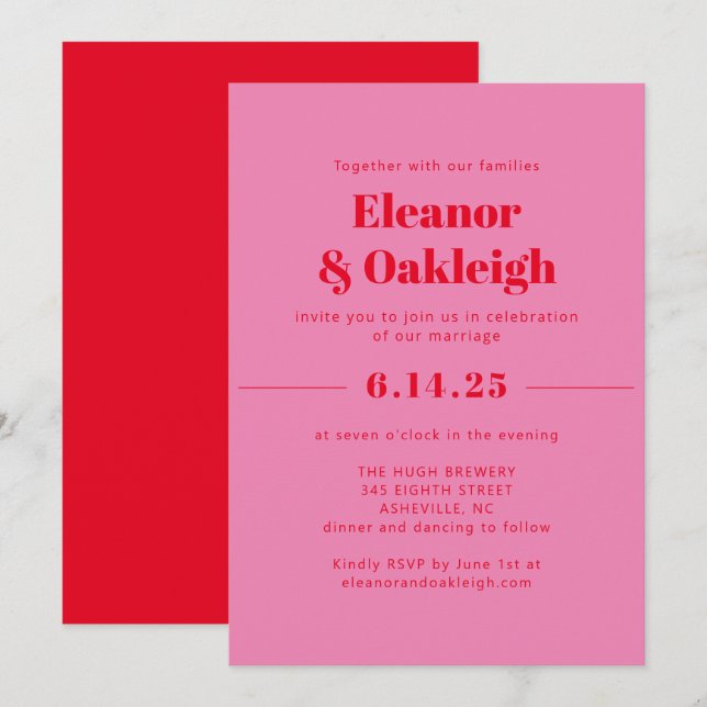 Invitación Boda rosa y rojo, estético moderno audaz (Anverso / Reverso)
