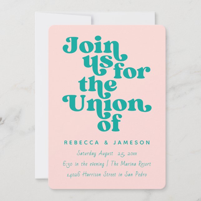 Invitación Boda rosa y Verde azulado de la Unión Retro (Anverso)
