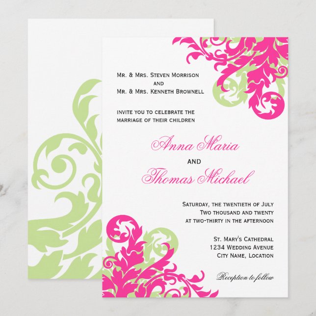 Invitación Boda Rosa y Verde Floreciente (Anverso / Reverso)