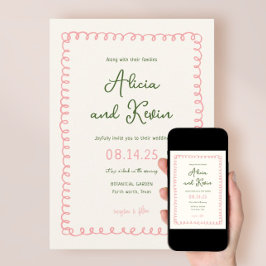 Invitación Boda rosa y verde francés dibujado a mano