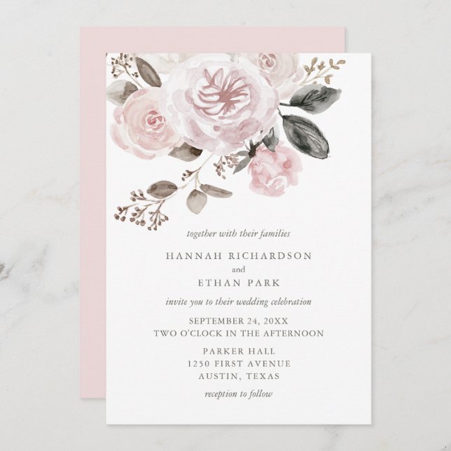 Invitación Boda rosada de la acuarela de los rosas y de los (Anverso / Reverso)