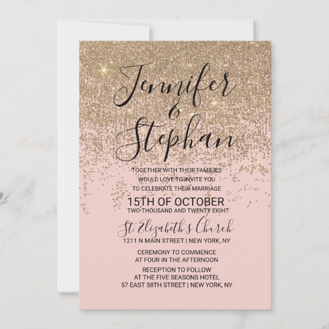 Invitación Boda rosada de Rubor de las chispas del purpurina (Anverso)