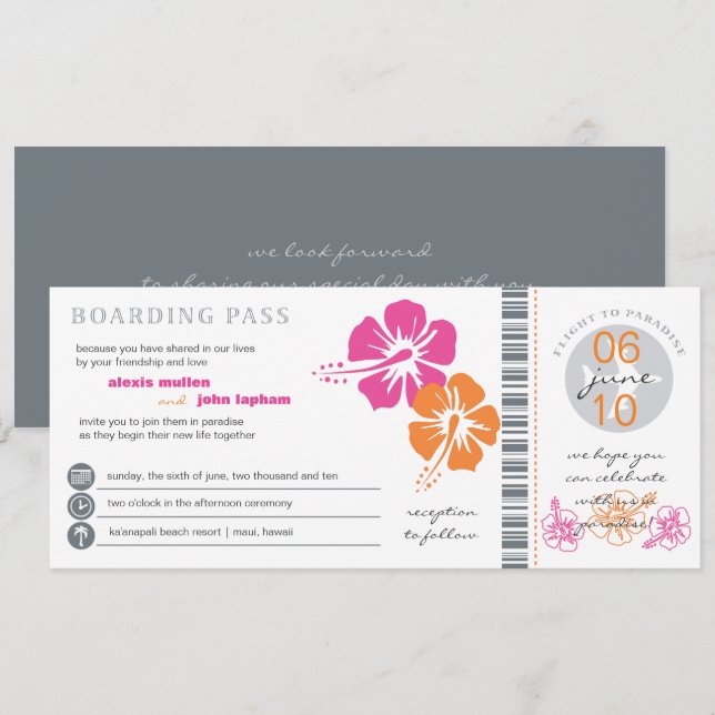 Invitación Boda rosada y anaranjada del documento de embarque (Anverso / Reverso)