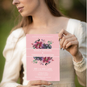 Invitación Boda rosado con cóctel floral de ciruela borgoñona