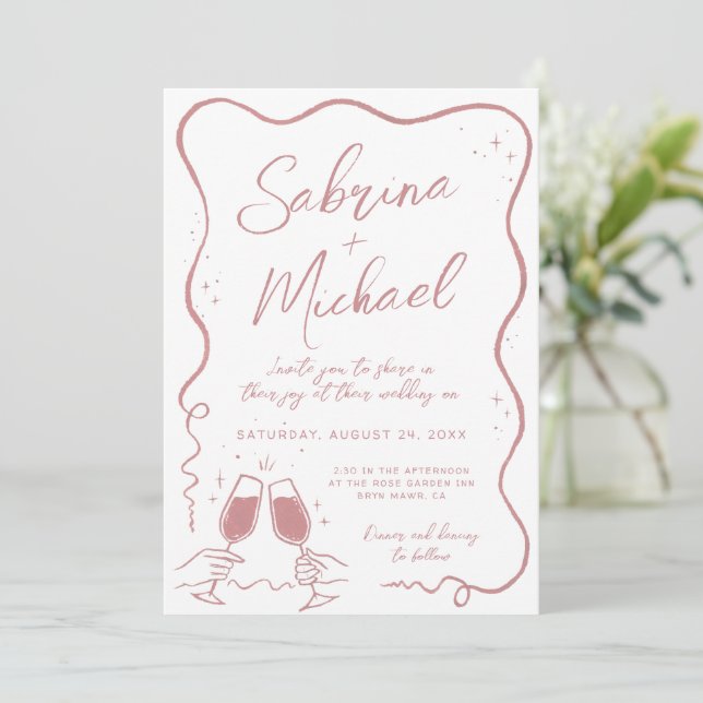 Invitación Boda rosado con curvatura caprichosa (Anverso de pie)