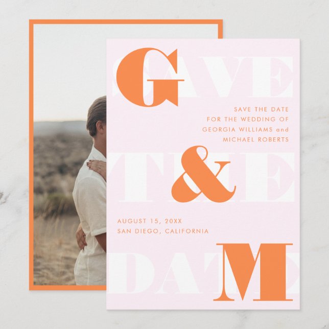 Invitación Boda rosado del Naranja de la pluma y del mono gig (Anverso / Reverso)