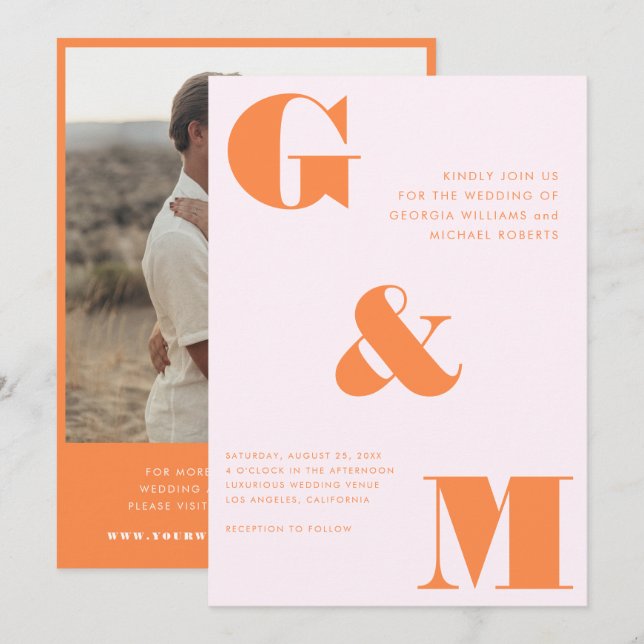 Invitación Boda rosado del Naranja de la pluma y del mono gig (Anverso / Reverso)