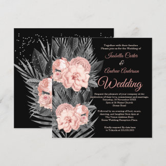 Invitación Boda Rosado Melocotón Carbón Floral Negro