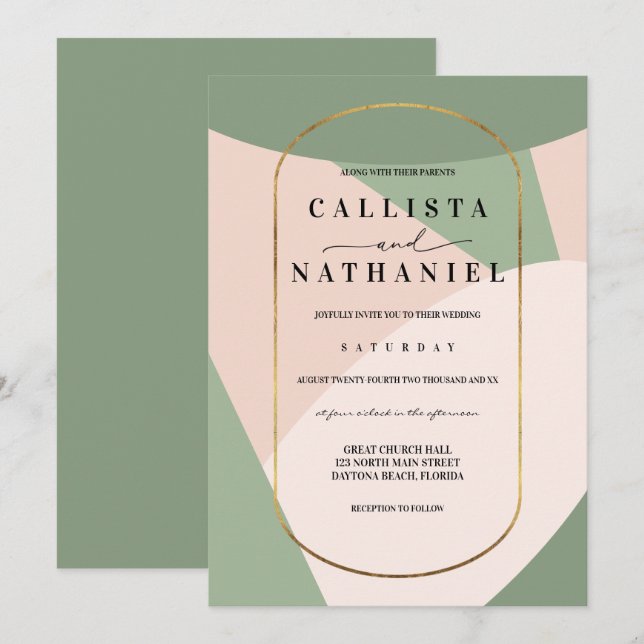 Invitación Boda rosado moderno con sabores geométricos y polv (Anverso / Reverso)