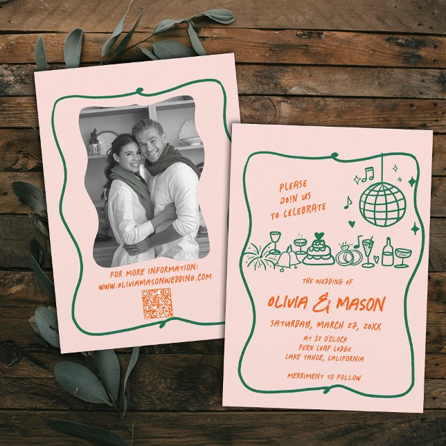 Invitación Boda rosado moderno Doodle con mano de acequia (hand drawn wedding invitation doodle illustration squiggle wavy frame modern funky unique pink)