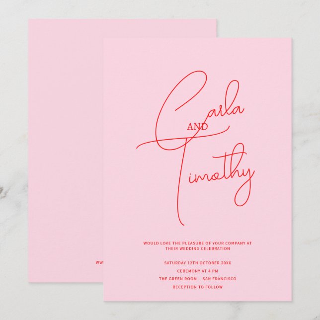 Invitación Boda rosado rojo guión caligráfico moderno (Anverso / Reverso)