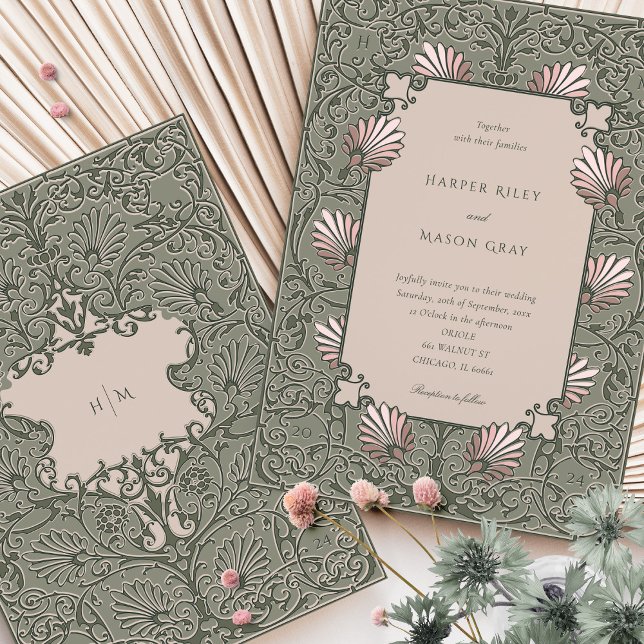 Invitación Boda rosado vintage Sage Green Dusty (Subido por el creador)