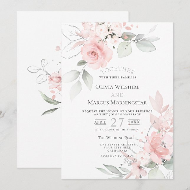 Invitación Boda | Rosas de cabaña románticos rosados de Rubor (Anverso / Reverso)
