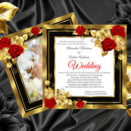 Invitación Boda Rosas Doradas Rojas Foto Negro Oro