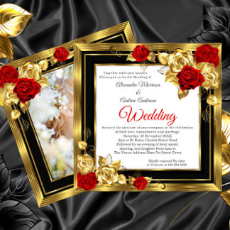 Invitación Boda Rosas Doradas Rojas Foto Negro Oro