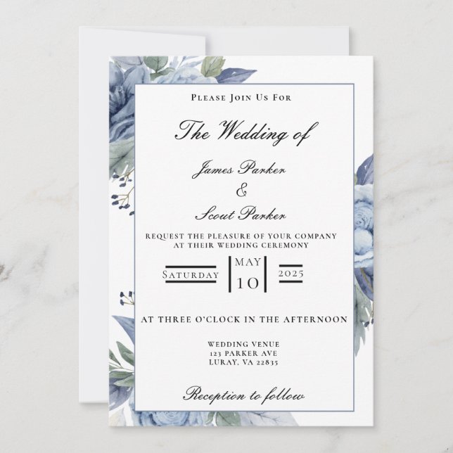 Invitación Boda Rosas Dusty Blue (Anverso)