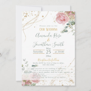Invitación Boda rosas rosas rojas verdosas y purpurina dorado