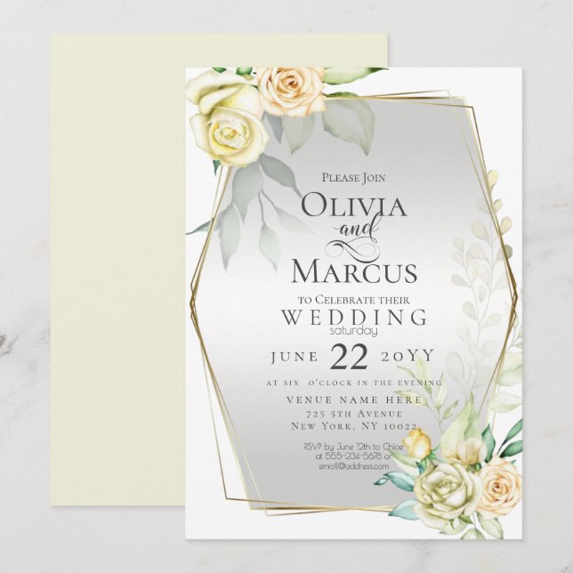 Invitación Boda | Rosas Rubor marfil-amarillo acuarela (Anverso / Reverso)