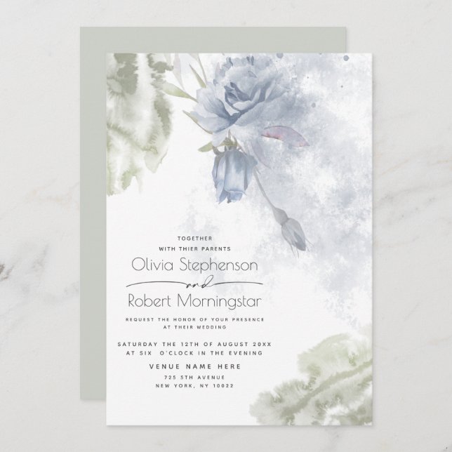 Invitación Boda | Rosas Rustic Dusty Blue (Anverso / Reverso)