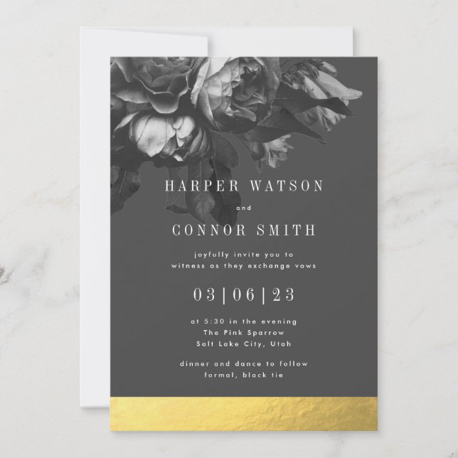 Invitación Boda Rose Bouquet de la franja dorada negra (Anverso)