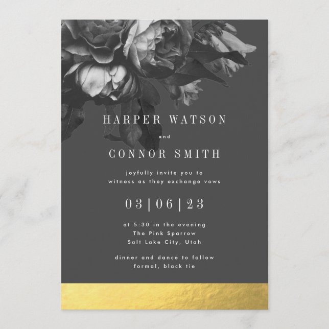 Invitación Boda Rose Bouquet de la franja dorada negra (Anverso)