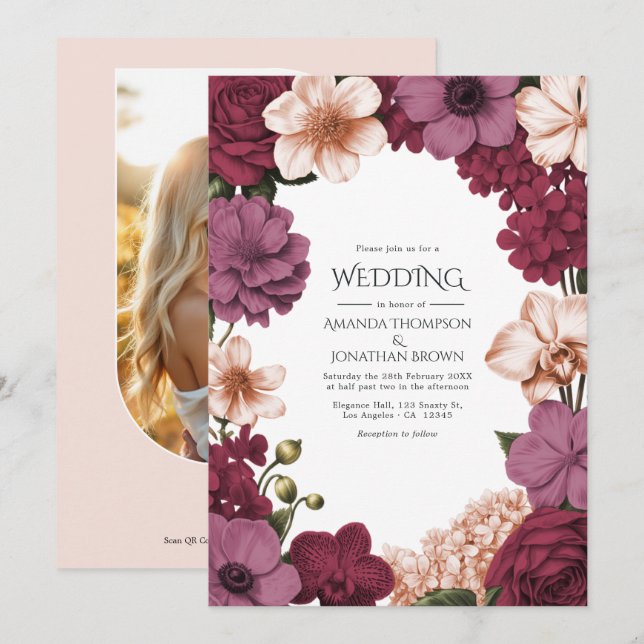 Invitación Boda Rouge Granate, Roseta Malva y Seda de Melocot (Anverso / Reverso)