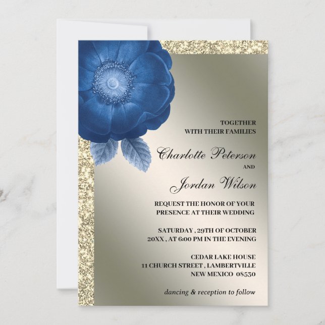 Invitación Boda Royal Blue Floral & Silver Purpurina (Anverso)