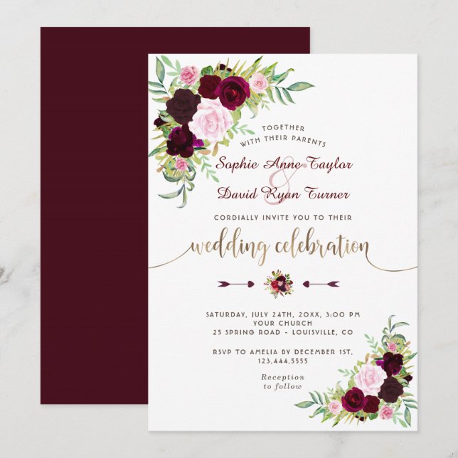 Invitación Boda Royal Burgundy Marsala Floral Gold (Anverso / Reverso)