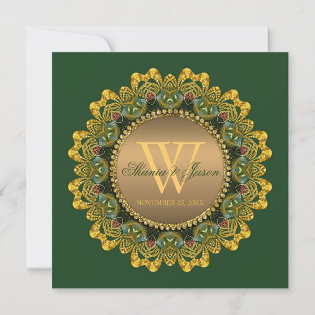 Invitación Boda Royal Green y Gold Mandala Lace (Anverso)