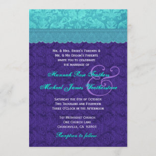 Invitación Boda Royal Purple y Aqua Blue Damask G500A