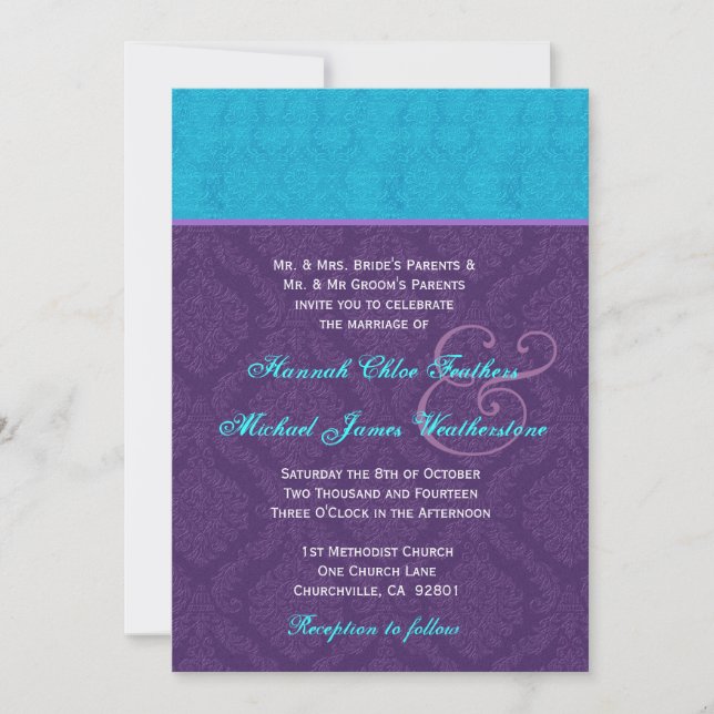 Invitación Boda Royal Purple y Aqua Blue Damask V2 (Anverso)