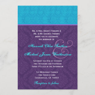 Invitación Boda Royal Purple y Aqua Blue Damask V2