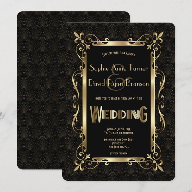 Invitación Boda Royal Roaring 20's Gold Art Deco (Anverso / Reverso)