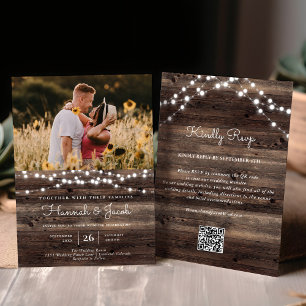 Invitación Boda RRSVP de código QR de madera clara de cadena