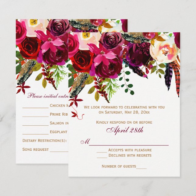 Invitación Boda RSVP Card 2 (COMIDAS) - Floral, plumas (Anverso / Reverso)