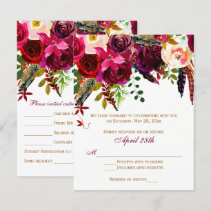 Invitación Boda RSVP Card 2 (COMIDAS) - Floral, plumas
