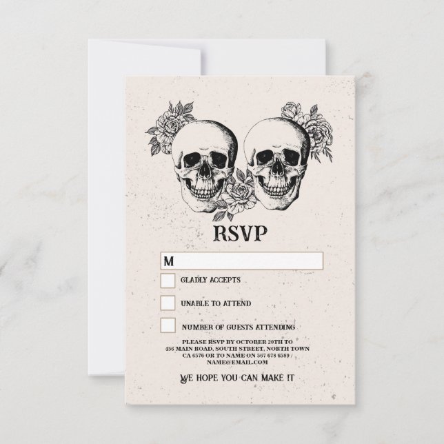 Invitación Boda RSVP Cartas Rústicas de Halloween con cráneo  (Anverso)