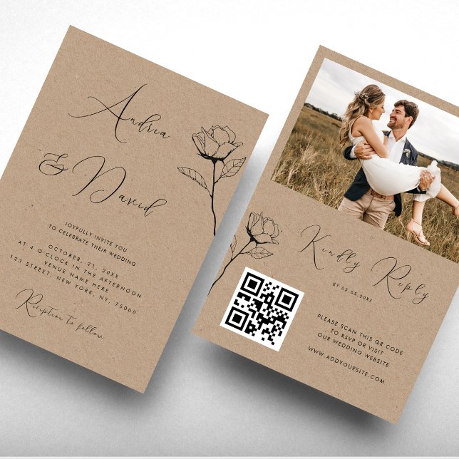 Invitación Boda RSVP Código QR Rosa Dibujada con Estilo Kraft (Subido por el creador)