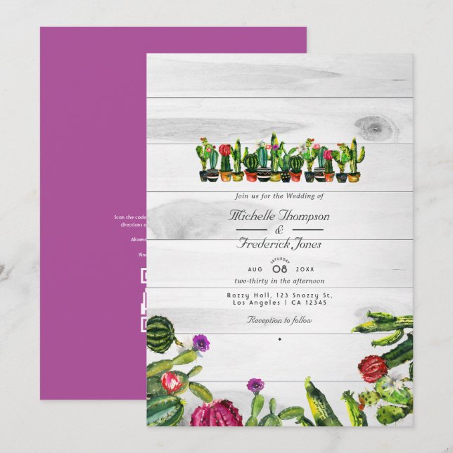 Invitación Boda RSVP Código QR Suculentas Cactus Rústico (Anverso / Reverso)
