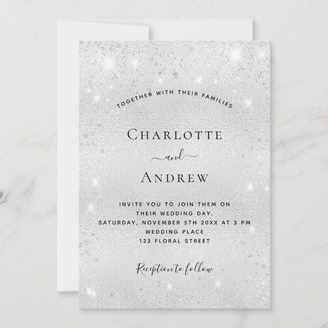 Invitación Boda RSVP de código QR con brillo plateado (Anverso)