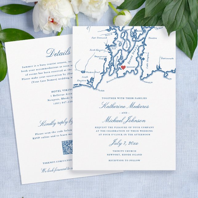 Invitación Boda RSVP de código QR de código QR de mapa de RI  (Newport RI all-in-one wedding invitation with QR code RSVP and details on the back in elegant navy )