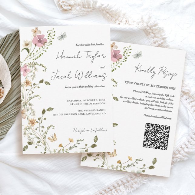 Invitación Boda RSVP de código QR de Flor silvestre (wildflower qr code wedding invitation template)