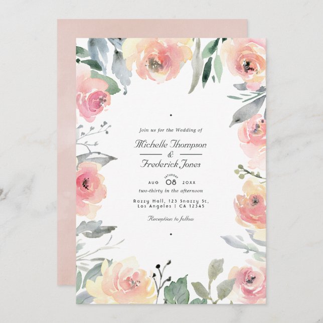 Invitación Boda RSVP de código QR de floral rosa de Pastel Ru (Anverso / Reverso)
