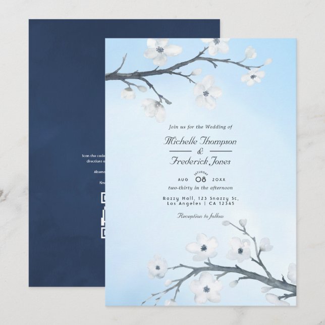 Invitación Boda RSVP de código QR de flores de cerezo blancas (Anverso / Reverso)